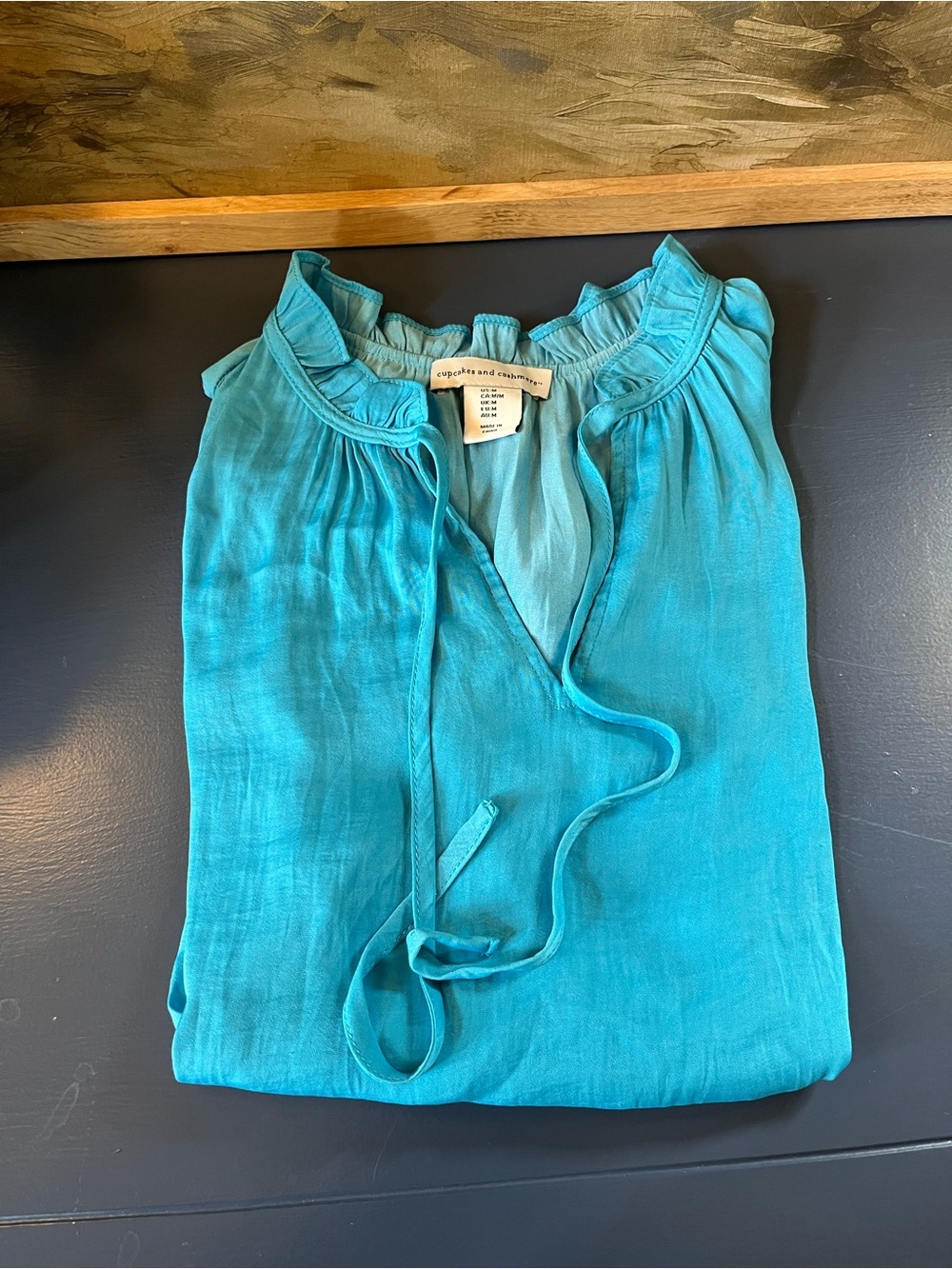 Cupcakes & Cashmere Light Blue Ruffle Sleeve Tie Front Blouse Medium Boho